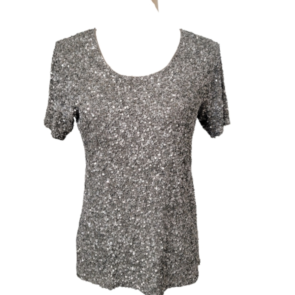 EXETERA Vintage Handmade Taupe & Silver Sequin Short Sleeve Top